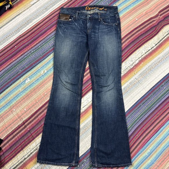 Sacred Boot Cut Flare Jeans Dark Blue Distressed Embroidery Women’s Waist 32 USA - Picture 2 of 12